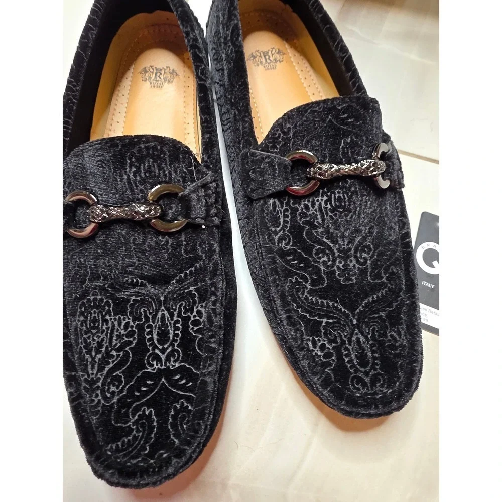 Royal Shoes Mens Black Velvet Paisley Damask Bit Loafers MOC-107 Size 8.5‎ NEW
